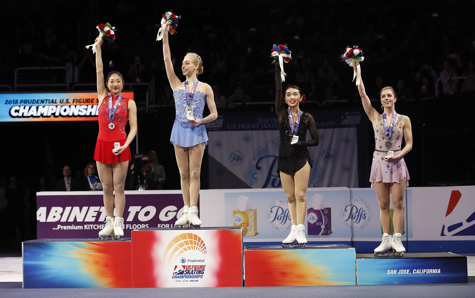 Bradie Tennell, Mirai Nagasu, Karen Chen, Ashley Wagner. Bradie Tennell, second from left, poses after winning the women's free skate event with second place finisher Mirai Nagasu, left, third place finisher Karen Chen, second from right, and fourth place finisher Ashley Wagner at the U.S. Figure Skating Championships in San Jose, Calif
US Championships Figure Skating, San Jose, USA - 05 Jan 2018