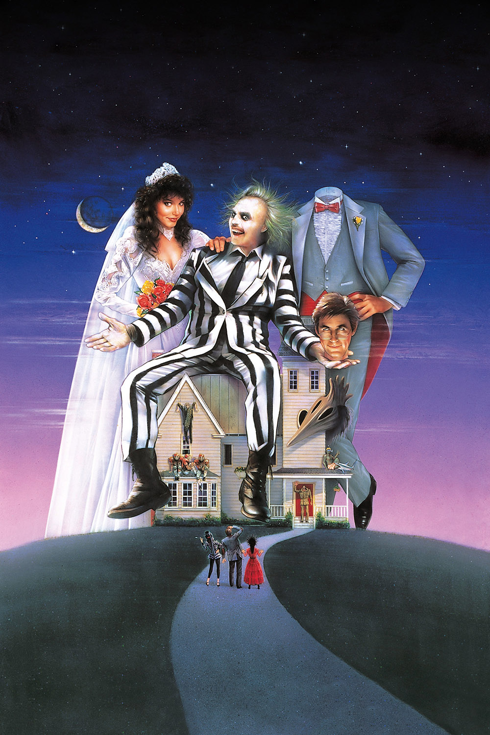 BEETLEJUICE, key art, l-r: Geena Davis, Michael Keaton, Alec Baldwin, 1988. ©Warner Bros. Pictures/courtesy Everett Collection