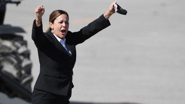 BOULDER CITY, NEVADA - OCTOBER 08:  Second lady Karen Pence gestures as she arrives at a rally for her husband U.S. Vice President Mike Pence at the Boulder City Airport on October 8, 2020 in Boulder City, Nevada. Mike Pence has increased his campaigning for the election since President Donald Trump was diagnosed with COVID-19 and is unable to hold rallies.  (Photo by Ethan Miller/Getty Images)