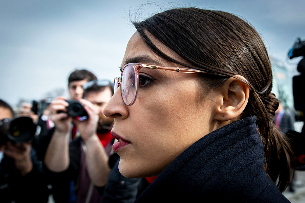 Representative Alexandria Ocasio-Cortez, Democrat of New York, leaves after speaking at a press conference calling for an end to immigrant detentions along the Southern United States border held at the United States Capitol in Washington, DC.
Representitives Ilhan Omar and Alexandria Ocasio-Cortez press conference, Washington DC, USA - 07 Feb 2019