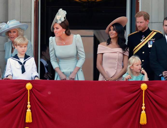 From left, Britain's Camilla Duchess of Cornwall, Kate Duchess of Cambridge, Meghan Duchess of Sussex and Prince Harry attend the annual Trooping the Colour Ceremony in London, Saturday, June 9, 2018.(AP Photo/Frank Augstein)