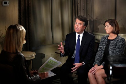 Brett Kavanaugh and his wife Ashley Kavanaugh answer questions during a FOX News interview with Martha MacCallum, Monday, Sept. 24, 2018, in Washington, about allegations of sexual misconduct against the Supreme Court nominee. (AP Photo/Jacquelyn Martin)