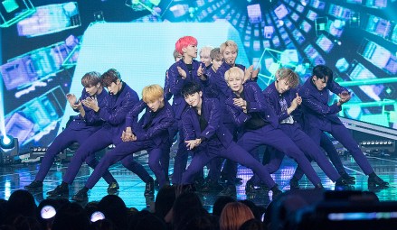 22 November 2017 - Goyang, South Korea : South Korean boys group Seventeen, performs onstage during the MBC TV K-Pop music chart program "Show Champion" at MBC Dream Center in Goyang, South Korea on November 22, 2017. Photo Credit: Lee Young-ho(Sipa via AP Images)