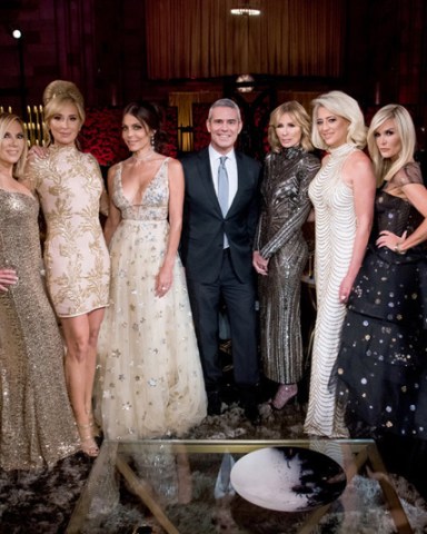 THE REAL HOUSEWIVES OF NEW YORK CITY -- "Reunion" -- Pictured: (l-r) Ramona Singer, Sonja Morgan, Bethenny Frankel, Andy Cohen, Carole Radziwill, Dorinda Medley, Tinsley Mortimer -- (Photo by: Charles Sykes/Bravo)