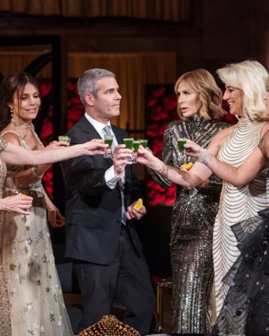 THE REAL HOUSEWIVES OF NEW YORK CITY -- "Reunion" -- Pictured: (l-r) Ramona Singer, Bethenny Frankel, Andy Cohen, Carole Radziwill, Dorinda Medley, Tinsley Mortimer -- (Photo by: Charles Sykes/Bravo)