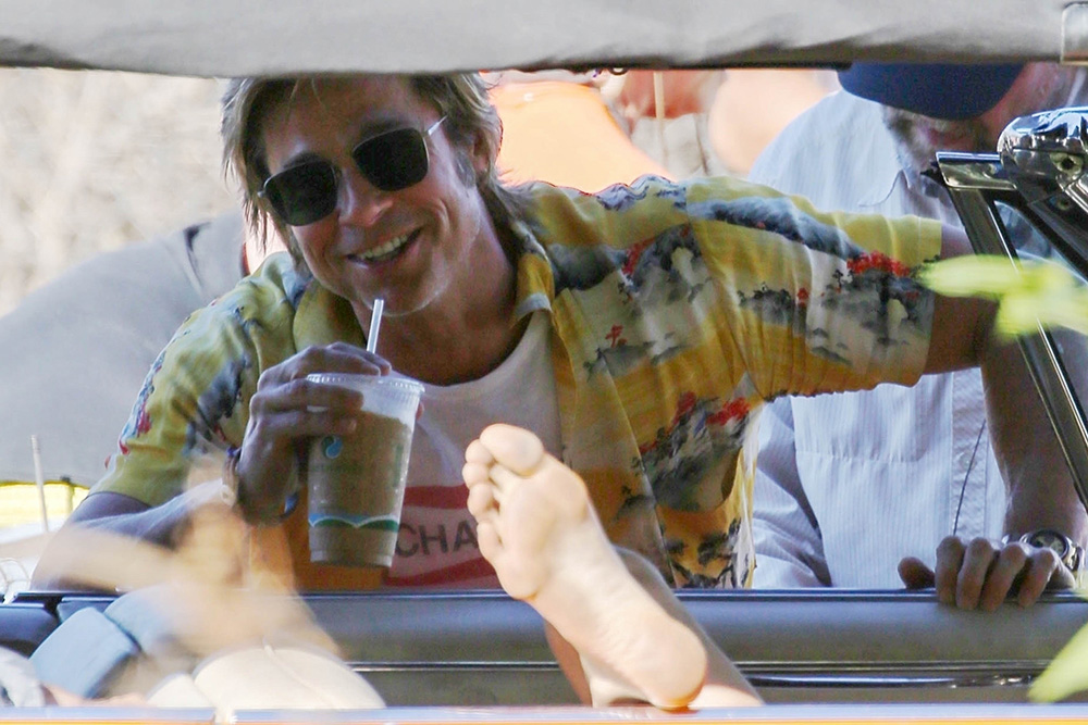 *EXCLUSIVE* Brad Pitt and Margaret Qualley seen behind the scenes as they film "Once Upon a Time in Hollywood"