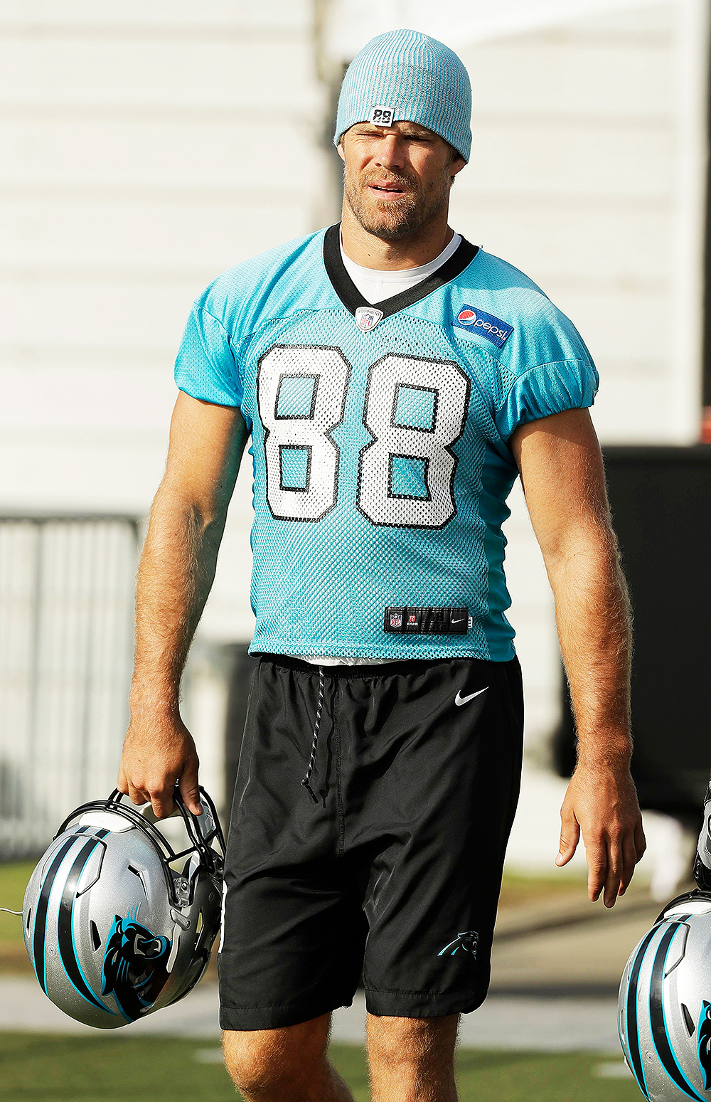 Carolina Panthers' Greg Olsen (88) arrives before the NFL football team's practice in Charlotte, N.C
Panthers Football, Charlotte, USA - 13 Jun 2018