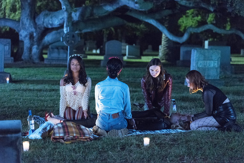 Light as a Feather -- "...Stiff as a Board" - Episode 101 - Four best friends invite the shy new girl out on Halloween, but they soon regret their decision when she suggests they play a twisted version of Light as a Feather, Stiff as a Board. Candace (Ajiona Alexus), Alex (Brianne Tju), McKenna (Liana Liberato), Olivia (Peyton List) and Violet (Haley Ramm), shown.  (Photo by: Rachael Thompson/Hulu)