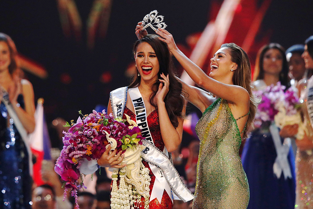 Editorial use onlyMandatory Credit: Photo by RUNGROJ YONGRIT/EPA-EFE/REX/Shutterstock (10035409r)The new Miss Universe 2018 Catriona Gray (L) of the Philippines jubilates as she is crowned by Miss Universe 2017 Demi-Leigh Nel-Peters (R) of South Africa during the Miss Universe 2018 beauty pageant at Impact Arena in Bangkok, Thailand, 17 December 2018. Women representing 94 nations will participate in the 67th Miss Universe 2018 beauty pageant in Bangkok.Miss Universe 2018 beauty pageant in Bangkok, Thailand - 17 Dec 2018