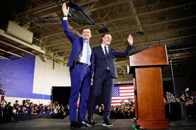 Pete Buttigieg joined by husband Chasten at 2020 Iowa caucus