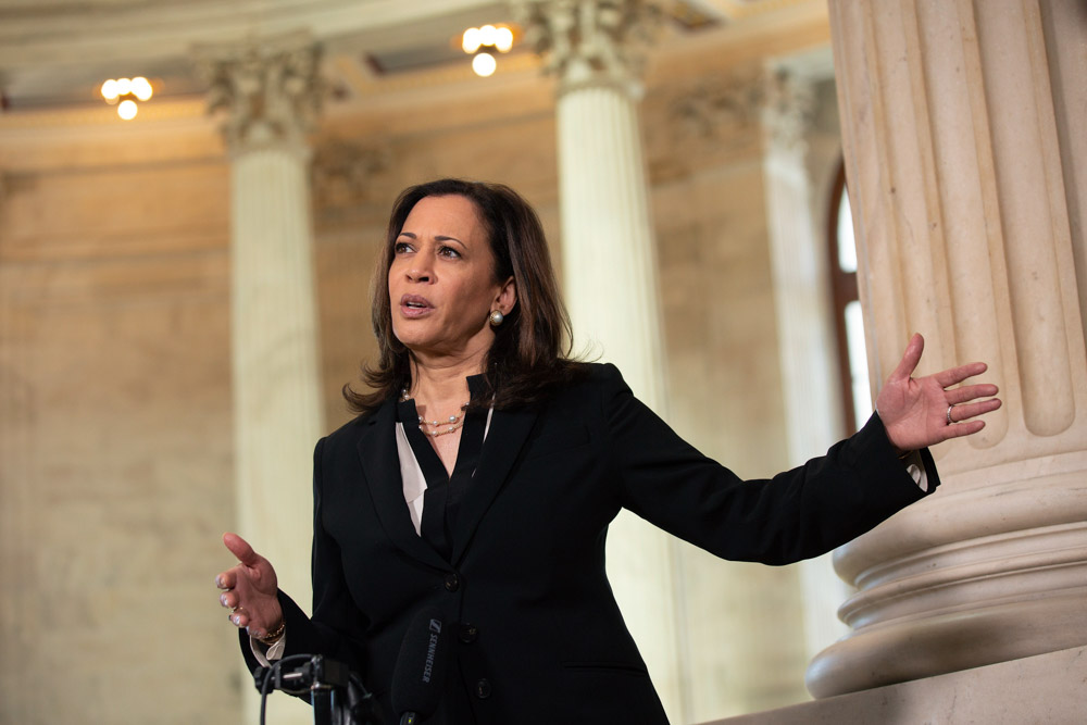 United States Senator Kamala Harris (Democrat of California) speaks during a television interview at the United States Capitol in Washington D.C., U.S., on Wednesday, June 24, 2020. Credit: Stefani Reynolds / CNP. 24 Jun 2020 Pictured: United States Senator Kamala Harris (Democrat of California) speaks during a television interview at the United States Capitol in Washington D.C., U.S., on Wednesday, June 24, 2020. Credit: Stefani Reynolds / CNP. Photo credit: Stefani Reynolds - CNP / MEGA TheMegaAgency.com +1 888 505 6342 (Mega Agency TagID: MEGA683531_004.jpg) [Photo via Mega Agency]