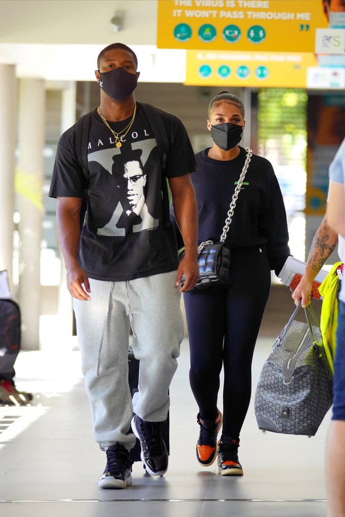 Michael B Jordan & Lori Harvey at the airport in St. Barts