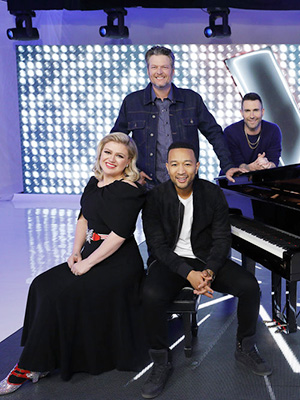 THE VOICE -- Season 16 -- Pictured: (l-r) Kelly Clarkson, Blake Shelton, John Legend, Adam Levine -- (Photo by: Trae Patton/NBC)
