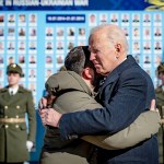 Editorial use only. -- MANDATORY CREDIT: UKRAINIAN PRESIDENTIAL PRESS SERVICE --  HANDOUT /NO SALES
Mandatory Credit: Photo by UKRAINIAN PRESIDENTIAL PRESS SERVICE HANDOUT/EPA-EFE/Shutterstock (13775242af)
A handout photo made available by the Ukrainian Presidential Press Service on 20 February 2023 shows Ukrainian President Volodymyr Zelensky (L) and US President Joe Biden (R) embracing each other during a wreath laying ceremony at the Wall of Remembrance of the Fallen for Ukraine, in Kyiv (Kiev), Ukraine, amid Russia's invasion. The White House announced on 20 February, that US President Biden met with Ukrainian President Zelensky and his team to extended discussions on US support for Ukraine.
US President Biden meets Ukraine's President Zelensky in Kyiv - 20 Feb 2023