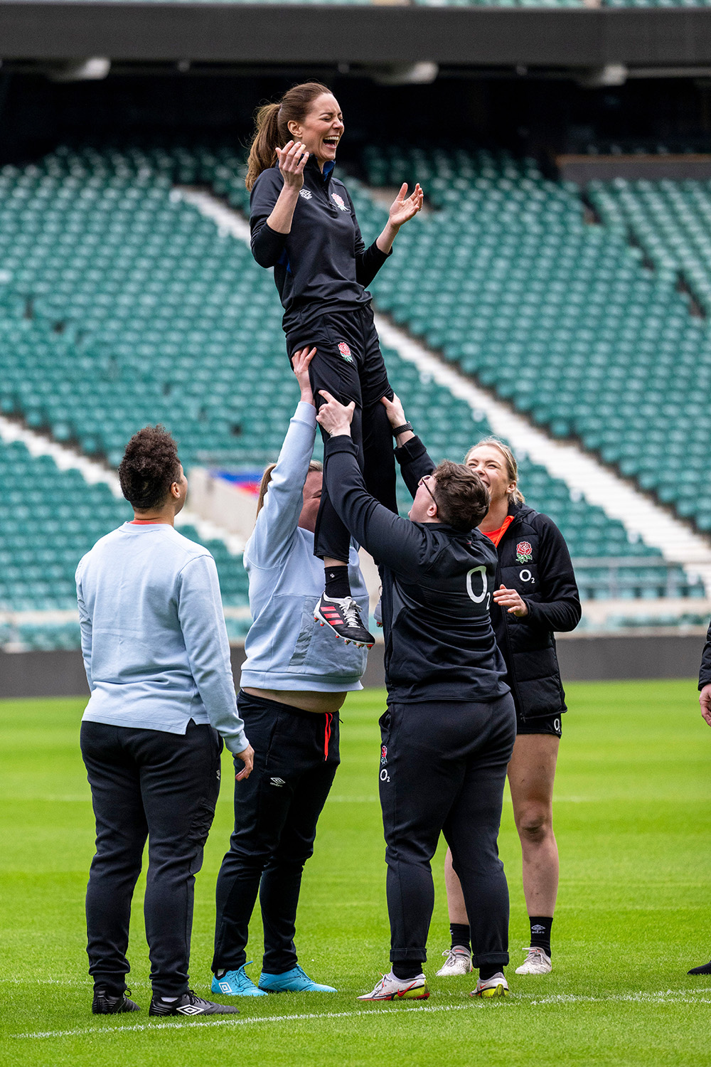 Catherine, Duchess of Cambridge

2 Feb 2022
The Duchess of Cambridge visits Twickenham Stadium, London, UK - 02 Feb 2022
In her new role as Patron of the Rugby Football Union, The Duchess of Cambridge meets England players, coaches and referees and joins a training session taking place on the pitch.

The Duchess will meets members of the men's and women's squads and their coaching teams as they prepare for the Six Nations Championships. Her Royal Highness will hear about their hopes for the upcoming year, including for the Women's World Cup which
will take place in New Zealand in the autumn, and how the pandemic has impacted the sport over the past two years. She joins the players for a skills session on the pitch, run by Head England Coach Eddie Jones.

Following the session, The Duchess meets referees Wayne Barnes and Sara Cox for a pitch-side chat to hear more about the journeys they have taken to become professional referees, and about the highlights and challenges that they have faced during their careers.