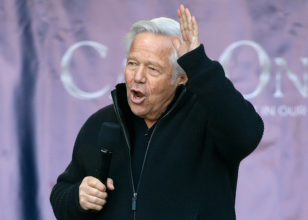 New England Patriots owner Robert Kraft addresses the crowd during an NFL football Super Bowl send-off rally for the team, in Foxborough, Mass. The Los Angeles Rams are to play the Patriots in Super Bowl 53 on Feb. 3, in Atlanta, Ga
Super Bowl Patriots Rally Football, Foxborough, USA - 27 Jan 2019