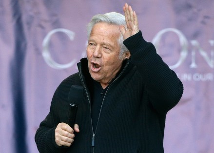 New England Patriots owner Robert Kraft addresses the crowd during an NFL football Super Bowl send-off rally for the team, in Foxborough, Mass. The Los Angeles Rams are to play the Patriots in Super Bowl 53 on Feb. 3, in Atlanta, Ga
Super Bowl Patriots Rally Football, Foxborough, USA - 27 Jan 2019