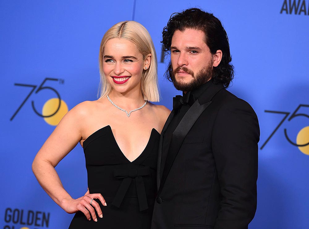 Emilia Clarke, Kit Harington. Emilia Clarke, left, and Kit Harington pose in the press room at the 75th annual Golden Globe Awards at the Beverly Hilton Hotel, in Beverly Hills, Calif
75th Annual Golden Globe Awards - Press Room, Beverly Hills, USA - 07 Jan 2018