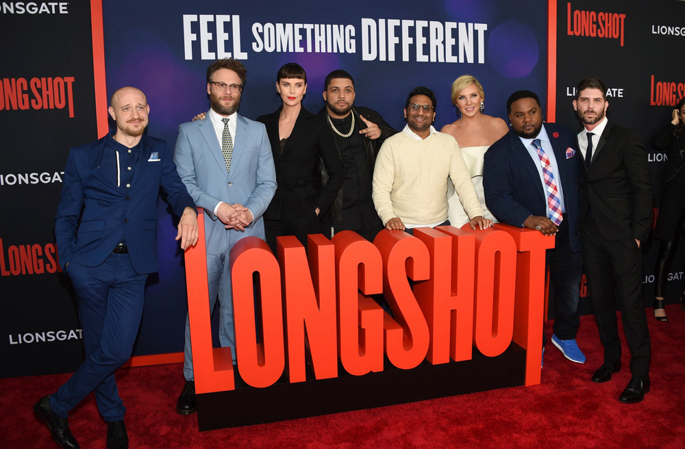 Anton Koval, Seth Rogen, Charlize Theron, O'Shea Jackson Jr, Ravi Patel, June Diane Raphael, Tristan D. Lalla, Jonathan Levine. Actors Anton Koval, left, Seth Rogen, Charlize Theron, O'Shea Jackson Jr, Ravi Patel, June Diane Raphael, Tristan D. Lalla and director Jonathan Levine pose together at the premiere of "Long Shot" at AMC Loews Lincoln Square, in New York
NY Premiere of "Long Shot", New York, USA - 30 Apr 2019