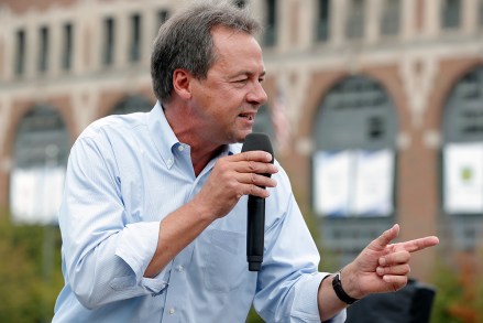 Montana Gov. Steve Bullock speaks at the Des Moines Register Soapbox during a visit to the Iowa State Fair, in Des Moines, Iowa
Montana Governor Iowa, Des Moines, USA - 16 Aug 2018