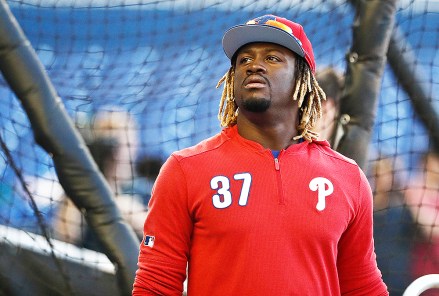 Bryce Harper. Philadelphia Phillies center fielder Odubel Herrera (37) practices before a baseball game against the Miami Marlins, in Miami
Phillies Marlins Baseball, Miami, USA - 12 Apr 2019