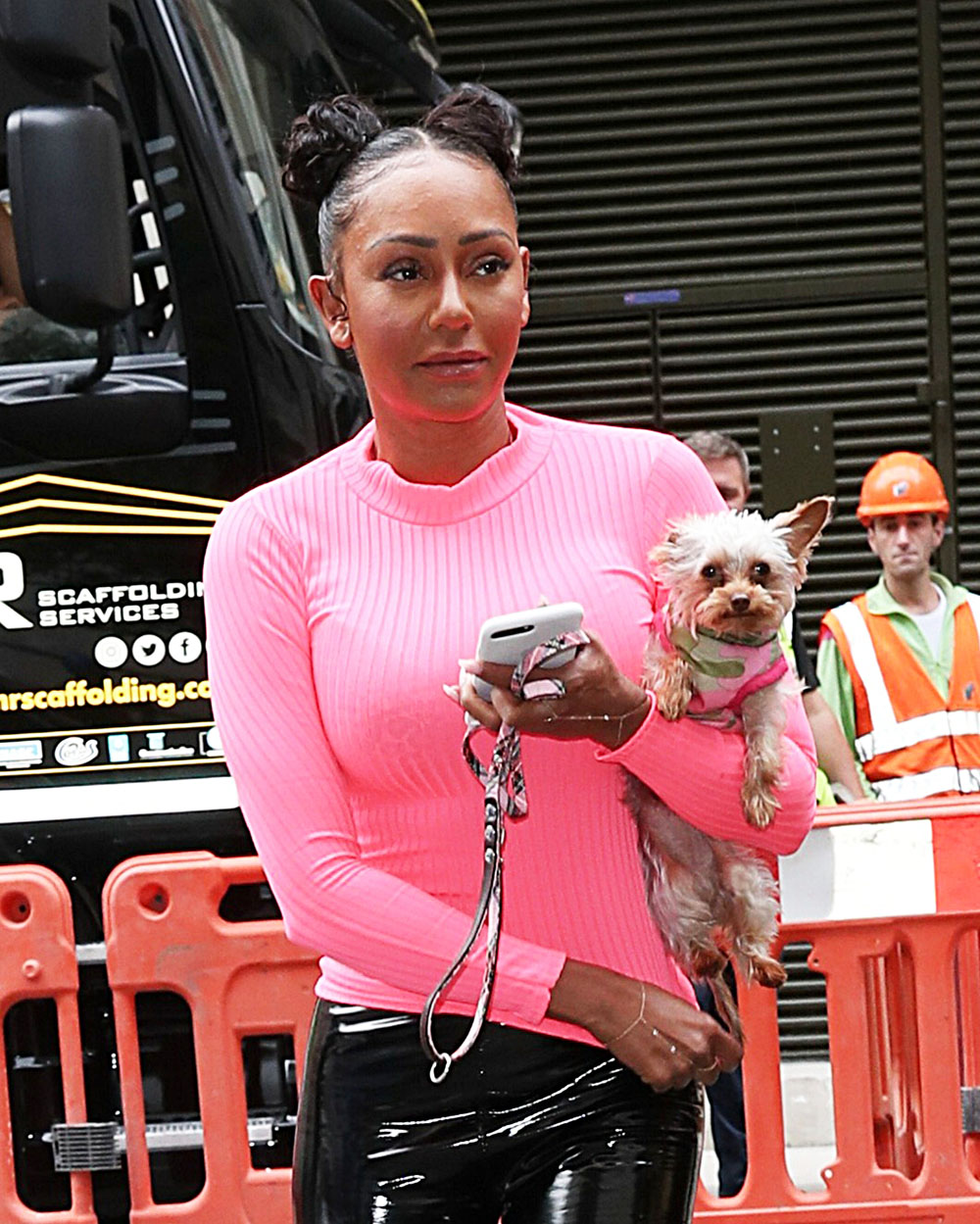 Mel B Wears PVC Trousers And Hair In Bunches As She Arrives At The Zoe Ball Breakfast Show