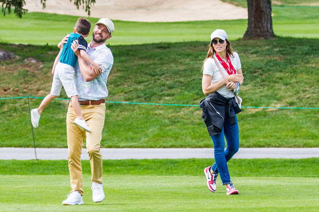 Justin Timberlake, Jessica Biel & son Silas at the Omega European Masters