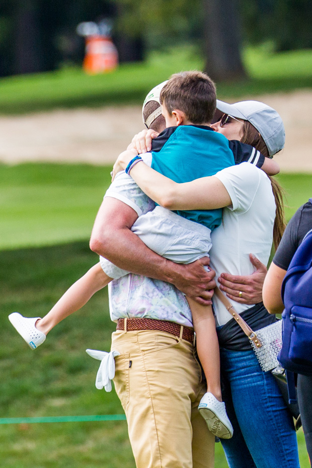 Justin Timberlake, Jessica Biel & son Silas at the Omega European Masters