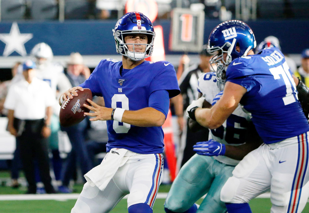 New York Giants quarterback Daniel Jones (8) prepares to throw a pass during a NFL football game against the Dallas Cowboys in Arlington, Texas
Giants Cowboys Football, Arlington, USA - 08 Sep 2019