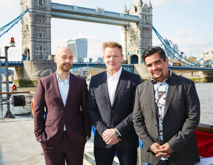 MASTERCHEF: Host / chef Gordon Ramsay (C) with judges Joe Bastianich (L) and Aarón Sánchez (R) in the “London Calling – Pt. 1” episode of MASTERCHEF airing Wednesday, Sept. 4 (8:00-9:00 PM ET/PT) on FOX.  © 2019 FOX MEDIA LLC. CR: Matt Frost/FOX.