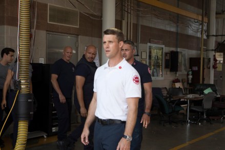 CHICAGO FIRE -- "Badlands" Episode 803 -- Pictured: (l-r) Randy Flager as Capp, Joe Minoso as Joe Cruz, Jesse Spencer as Matthew Casey, Taylor Kinney as Lt. Kelly Severide -- (Photo by: Adrian Burrows/NBC)