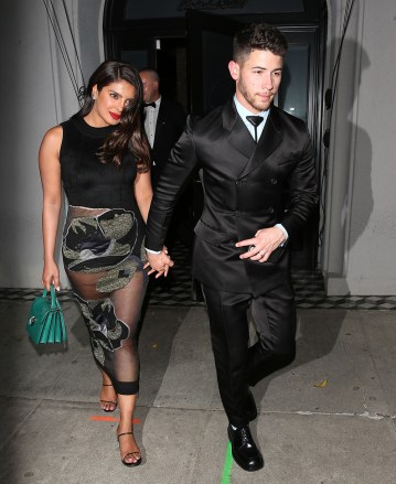 Nick Jonas and his stunning wife Priyanka Chopra-Jonas were seen leaving dinner at 'Craigs' Restaurant in West Hollywood, CA. 06 Jan 2020 Pictured: Nick Jonas, Priyanka Chopra. Photo credit: MEGA TheMegaAgency.com +1 888 505 6342 (Mega Agency TagID: MEGA578904_001.jpg) [Photo via Mega Agency]