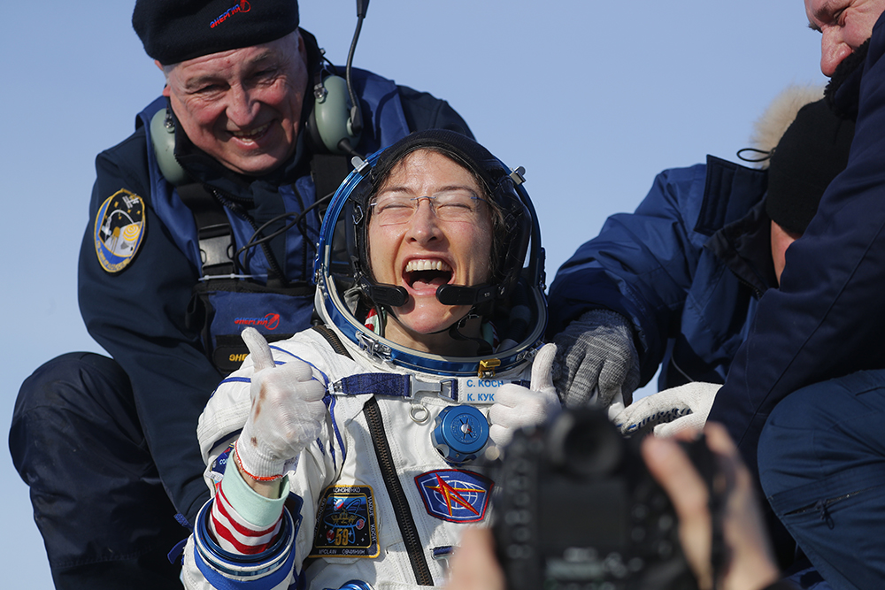 Russian search and rescue team members help NASA astronaut Christina Koch to leave the Russian Soyuz MS-13 space capsule after landing in a remote area southeast of Zhezkazgan in the Karaganda region of Kazakhstan, 06 February 2020. A Soyuz space capsule with NASA US astronaut Christina Koch, ESA astronaut Luca Parmitano and Russian cosmonaut Alexander Skvortsov of Roscosmos, returning from a mission to the International Space Station, landed safely in the steppes of Kazakhstan.
Soyuz MS-13 space capsule lands with Expedition 61 in Kazakhstan, Dzhezkazgan - 06 Feb 2020