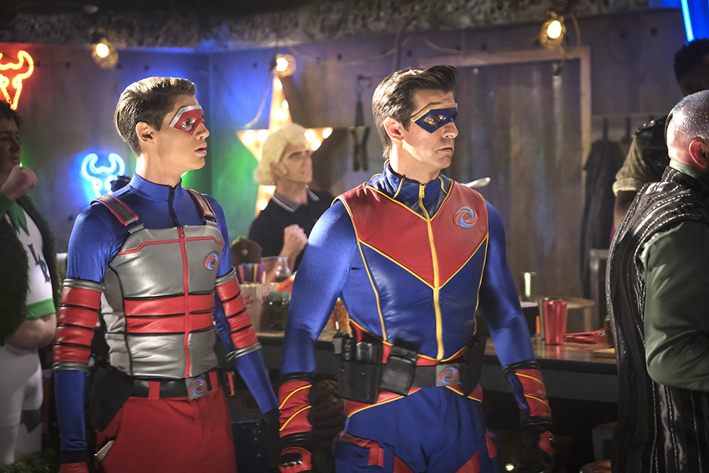 "Henry Danger," Episode 533 “Rumblr” -- Pictured: Henry (Jace Norman), Ray (Cooper Barnes) star in HENRY DANGER a on Nickelodeon. -- Photo by: Scott Everett White/Nickelodeon ©2019 Viacom, International, Inc.  All Rights Reserved. Guest stars: Lawn Ranger (Jason Gibbs), Kyle (Swirv), Bartender (Christopher Michael Watson), Girl Lizard (Avianna Mynhier) Boy Lizard (Zach Zagoria).