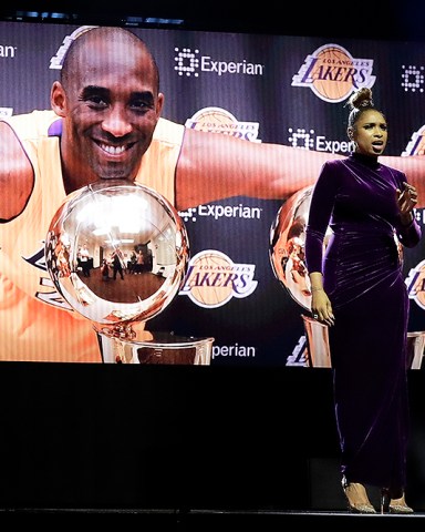 Jennifer Hudson sings a tribute to former NBA All-Star Kobe Bryant and his daughter Gianna who were killed in a helicopter crash on Jan. 26, 2020, before the NBA All-Star basketball game Sunday, Feb. 16, 2020, in Chicago. (AP Photo/Nam Huh)