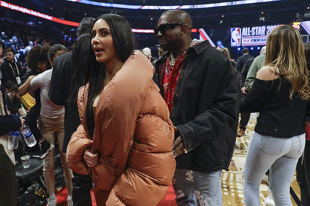 Kim Kardashian and Kanye West are seen during halftime of the NBA All-Star basketball game Sunday, Feb. 16, 2020, in Chicago. (AP Photo/Nam Huh)