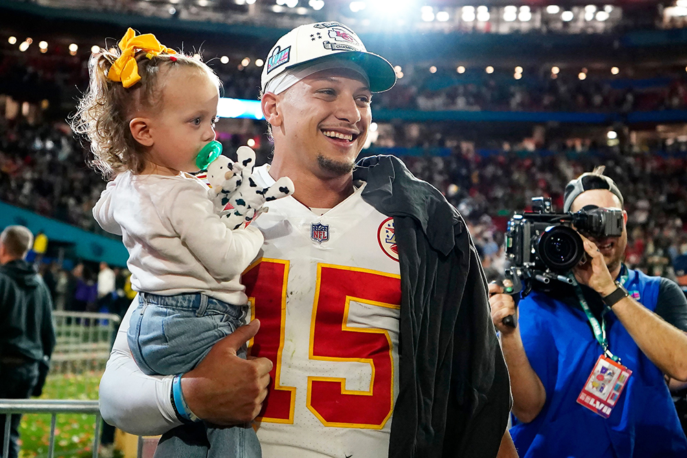 Kansas City Chiefs quarterback Patrick Mahomes holds his daughter, Sterling Skye Mahomes, after the NFL Super Bowl 57 football game against the Philadelphia Eagles, in Glendale, Ariz. The Kansas City Chiefs defeated the Philadelphia Eagles 38-35
Super Bowl Football, Glendale, United States - 12 Feb 2023