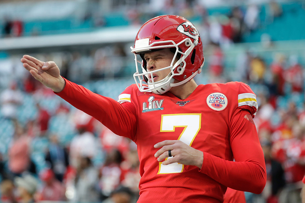 Kansas City Chiefs' Harrison Butker (7) warms up before the NFL Super Bowl 54 football game between the San Francisco 49ers and Kansas City Chiefs, in Miami Gardens, Fla
49ers Chiefs Super Bowl Football, Miami Gardens, USA - 02 Feb 2020