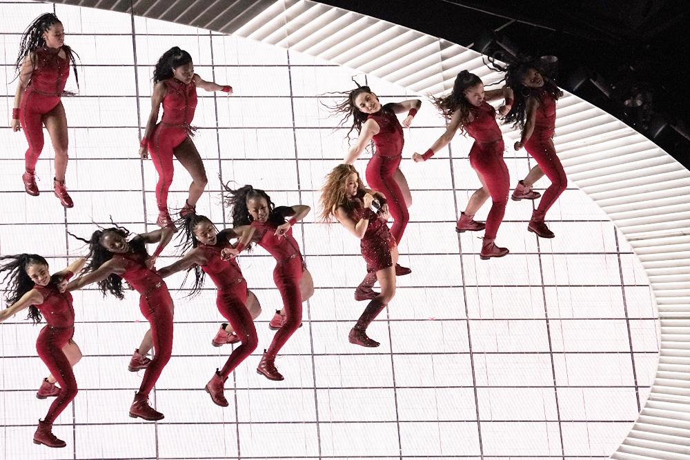 Singer Shakira, center, performs, during the halftime show of the NFL Super Bowl 54 football game between the San Francisco 49ers and Kansas City Chiefs', Sunday, Feb. 2, 2020, in Miami Gardens, Fla. (AP Photo/Morry Gash)