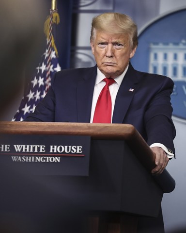 United States President Donald J. Trump speaks during a press briefing with members of the coronavirus task force in the Brady Press Briefing Room of the White House in Washington, DC.
President Trump and Members of the Coronavirus Task Force hold a press briefing, Washington, District of Columbia, USA - 09 Apr 2020