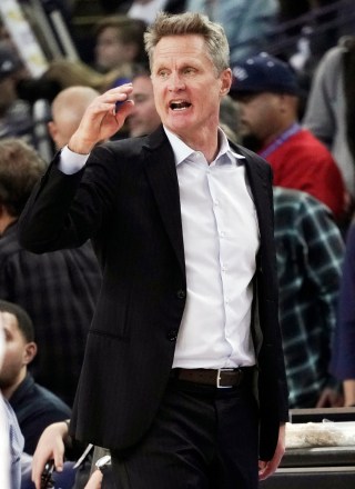 Steve Kerr
Dallas Mavericks at Golden State Warriors, Oakland, USA - 08 Feb 2018
Golden State Warriors head coach Steve Kerr reacts after a play against the Dallas Mavericks during the second half of the NBA basketball game between the Dallas Mavericks and the Golden State Warriors at the Oracle Arena in Oakland, California, USA, 08 February 2018.