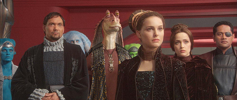 Editorial use only. No book cover usage.
Mandatory Credit: Photo by Lucasfilm/Fox/Kobal/Shutterstock (5886234c)
Jimmy Smits, Ahmed Best, Natalie Portman, Rose Byrne, Jay Laga'Aia
Star Wars Episode II - Attack Of The Clones - 2002
Director: George Lucas
Lucasfilm/20th Century Fox
USA
Scene Still
Scifi
Episode II / 2
Star wars: Episode II - L'attaque des clones