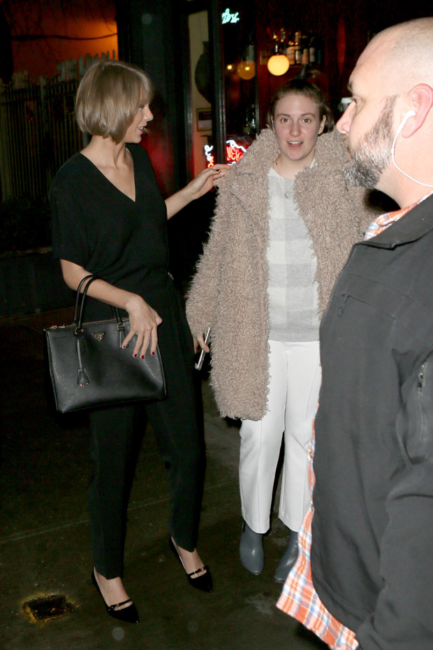 New York, NY - New York, NY - Taylor Swift and Lena Dunham had a Girls night in the Big Apple. The two were seen dining in West Village and hugged it out while parting ways. The 1989 singer wore an all black jumpsuit, heels, and Prada bag. Dunham wore a furry jacket, plaid sweater, white pants and ankle boots. AKM-GSI 21 FEBRUARY 2016 To License These Photos, Please Contact : Maria Buda (917) 242-1505 mbuda@akmgsi.comor Steve Ginsburg (310) 505-8447 (323) 423-9397 steve@akmgsi.com sales@akmgsi.com