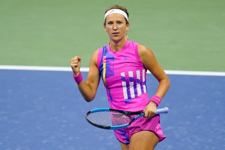 Victoria Azarenka, of Belarus, reacts during a semifinal match against Serena Williams, of the United States, during the US Open tennis championships, Thursday, Sept. 10, 2020, in New York. (AP Photo/Seth Wenig)