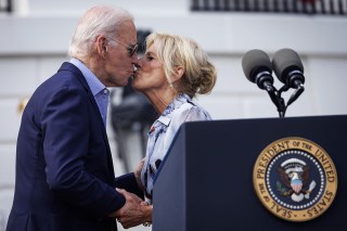 US President Joe Biden and First Lady Jill Biden share a kiss during a Fourth of July event on the South Lawn of the White House in Washington, DC, on Tuesday, July 4, 2023. Biden is hosting the event for military and veteran families, caregivers, and survivors to celebrate Independence Day.
White House Fourth Of July Event - Washington, United States - 04 Jul 2023