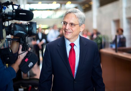 Judge Merrick Garland, President Barack Obama's choice to replace the late Justice Antonin Scalia on the Supreme Court arrives for a meeting with Sen. Angus King, I-Maine, on Capitol Hill in Washington, Wednesday, April 13, 2016. (AP Photo/Pablo Martinez Monsivais)