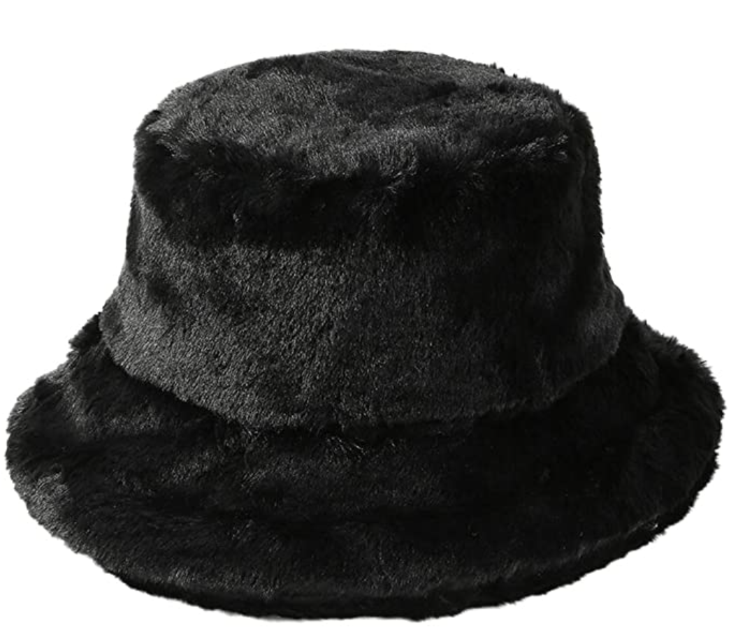 black furry bucket hat