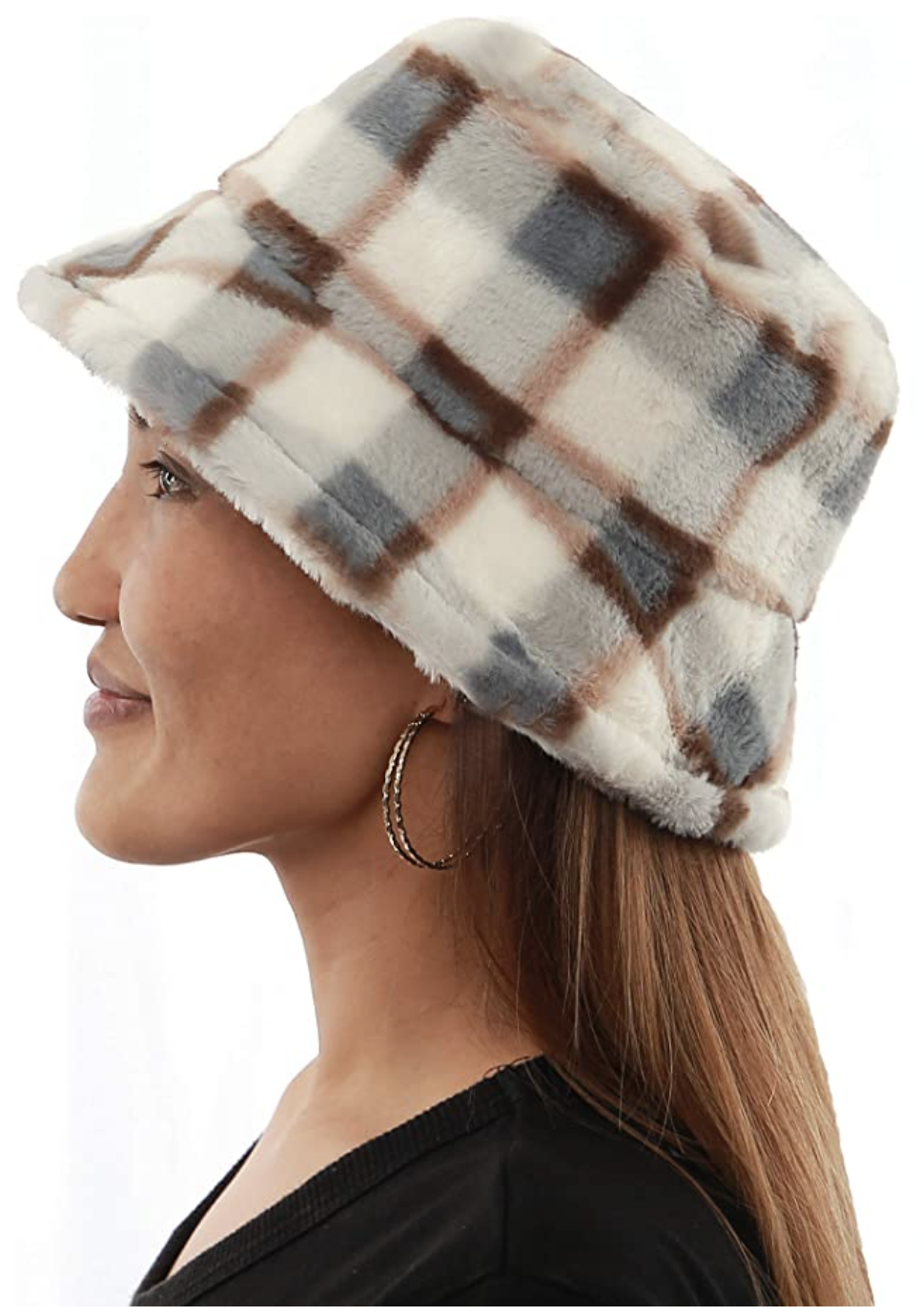 plaid furry bucket hat