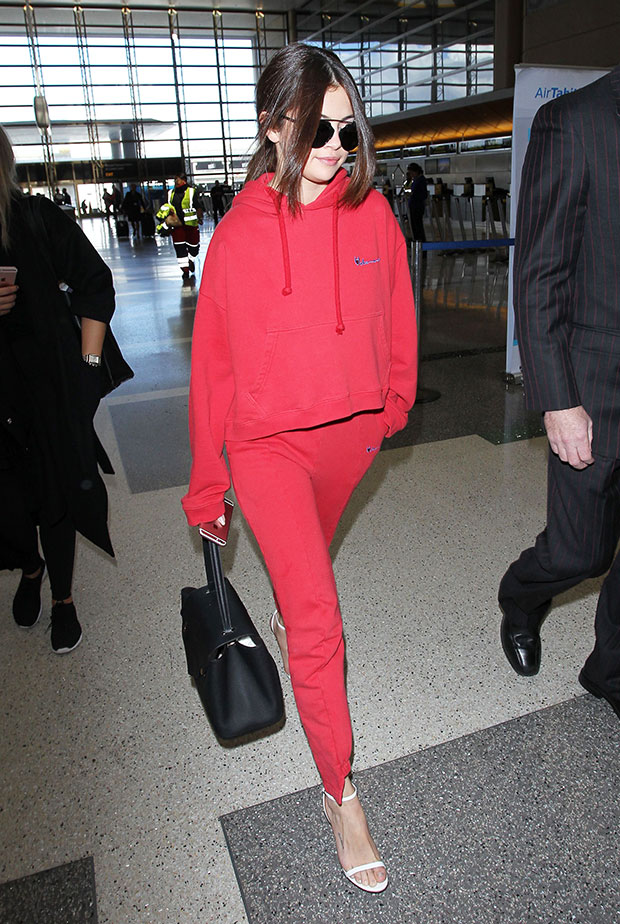 Selena Gomez in red tracksuit