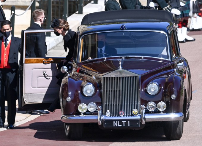 Kate Middleton gets out of a car at the funeral of Prince Philip